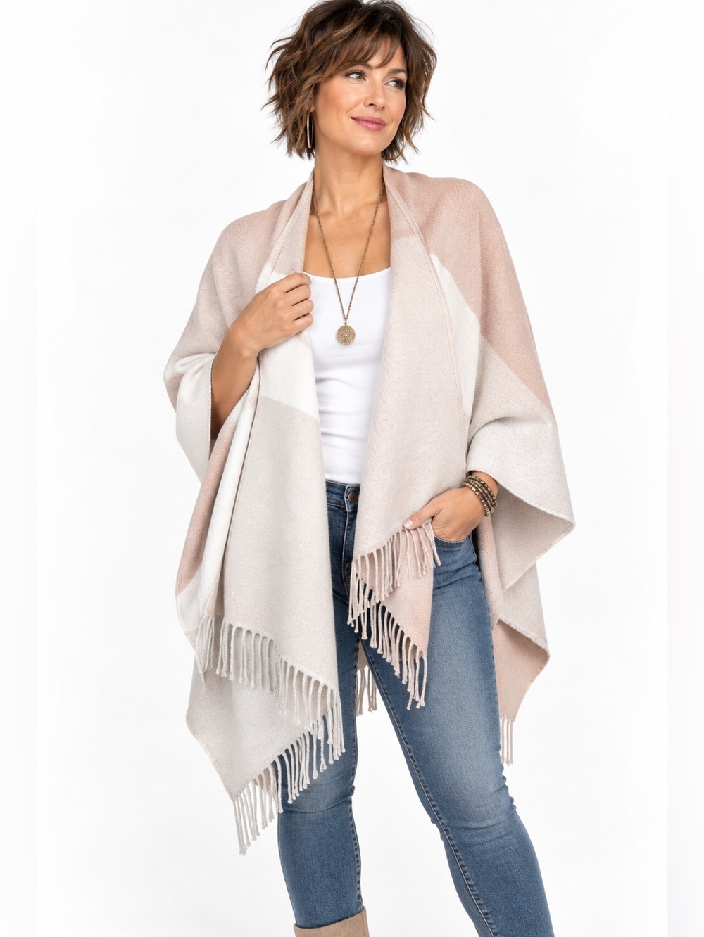 SOIA & KYO Soft Acrylic Wrap Poncho Shawl, Color Block Blush‎ & Cream - One Size